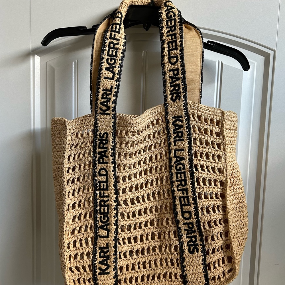 Karl Lagerfeld Woven Beige Tote with Black Straps